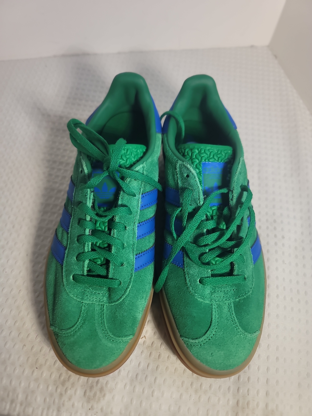 adidas Gazelle Green Suede Sneakers with Blue Stripes and Gum Sole - Picture 6 of 7